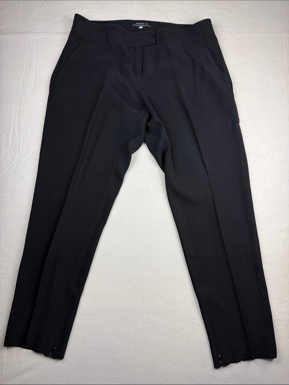 Andrew Gn Women's Black Inside Ankle Zip Pants Flat Front Side Pockets Size 42P
